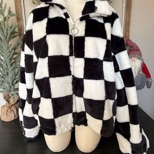 Black and White Checkered Faux fur Jacket